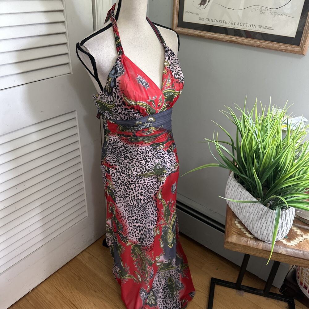 Ever Pretty Dress Womens 8 Red Mixed Print Maxi Ruched Chiffon Indie Sleaze Boho - Picture 3 of 12